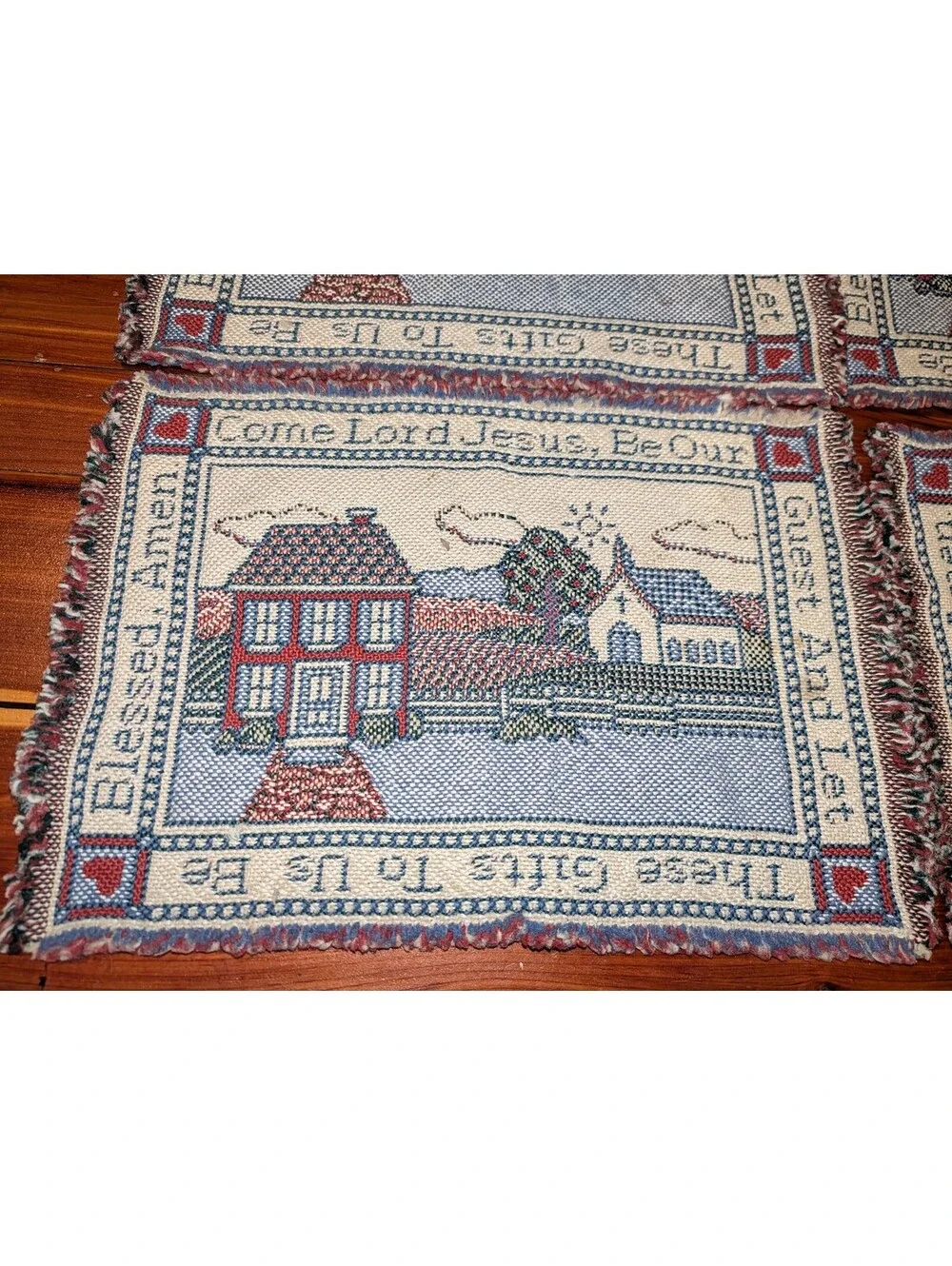 Set of Four Vintage Religious Tapestry Placemats with House and Church Design